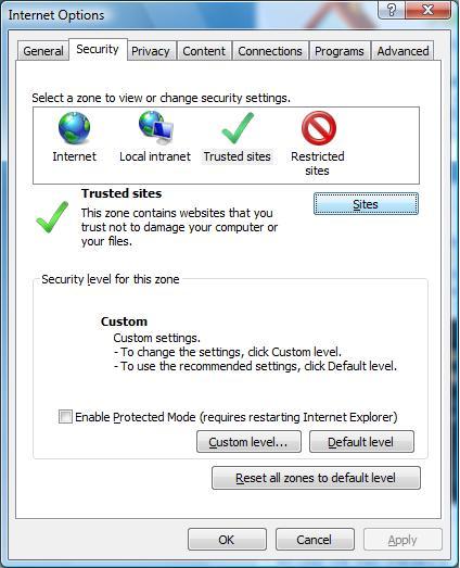 Internet Opptions screen